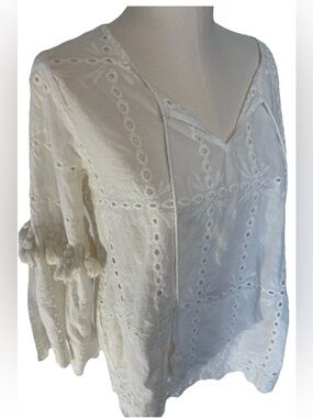 Mystree Eyelet Boho Tasseled Wide Sleeve Top White Cotton Tunic Women's LG